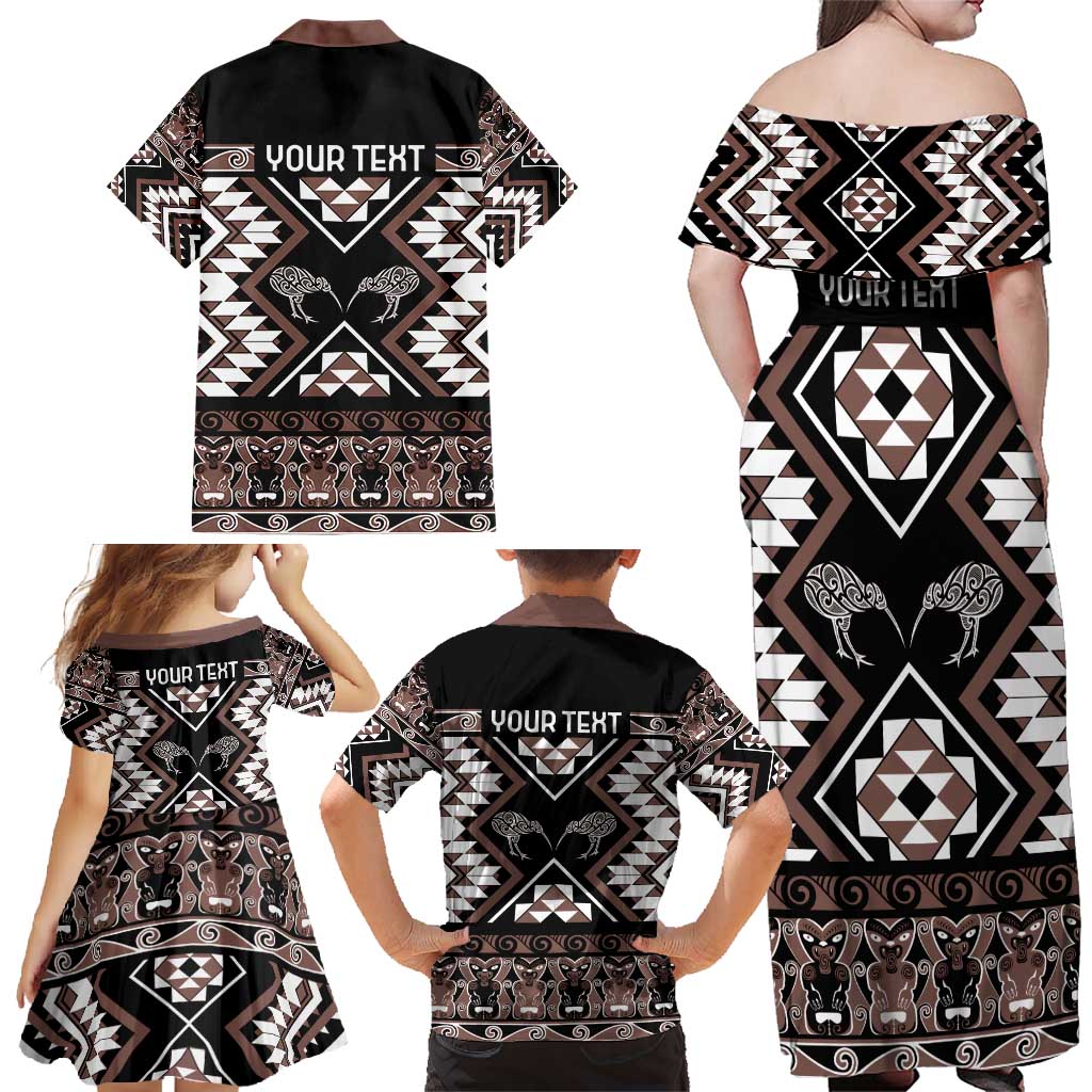 Personalised Taniko Motifs Aotearoa Family Matching Off Shoulder Maxi Dress and Hawaiian Shirt Waitangi Kowhaiwhai Kiwi - Mocha