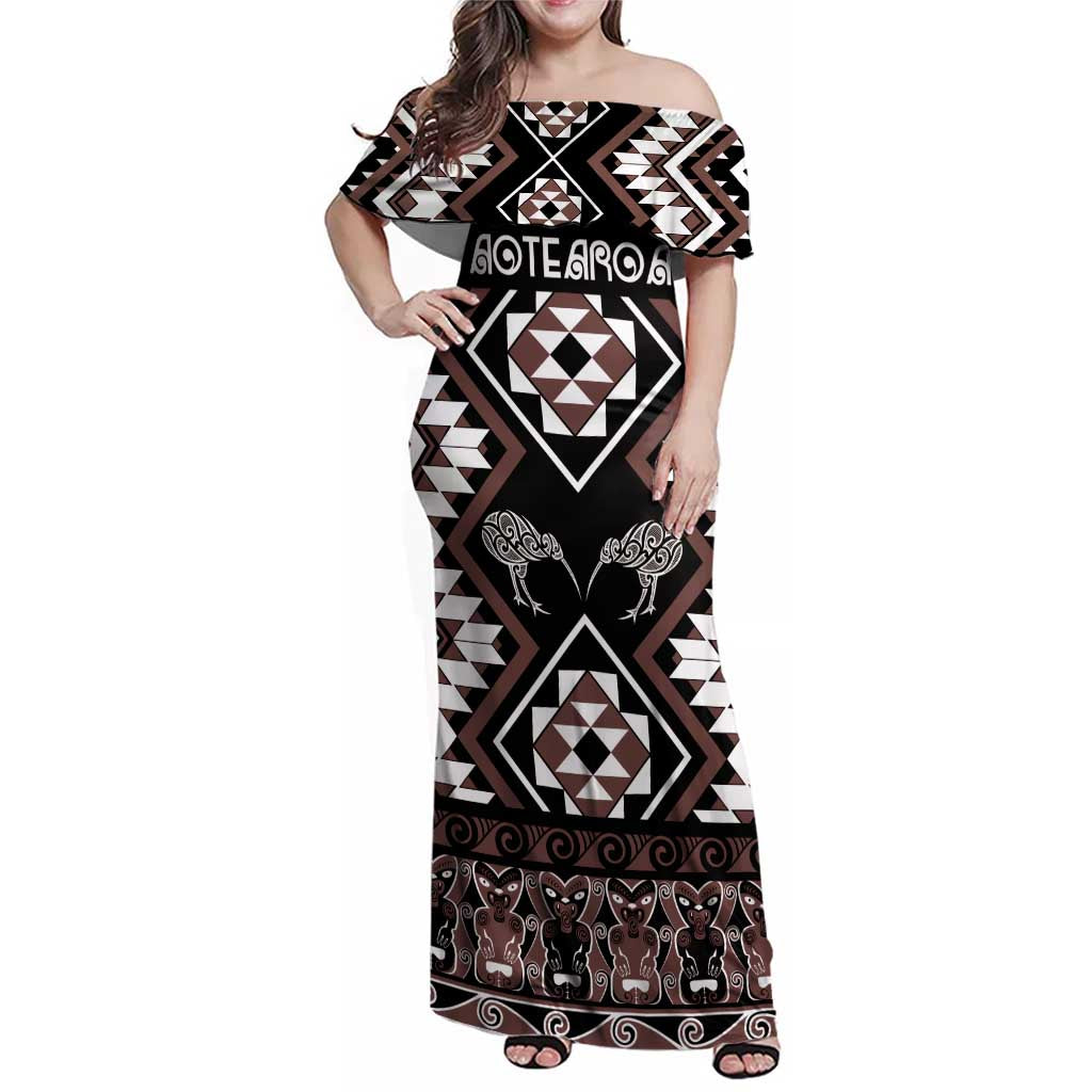 Personalised Taniko Motifs Aotearoa Family Matching Off Shoulder Maxi Dress and Hawaiian Shirt Waitangi Kowhaiwhai Kiwi - Mocha