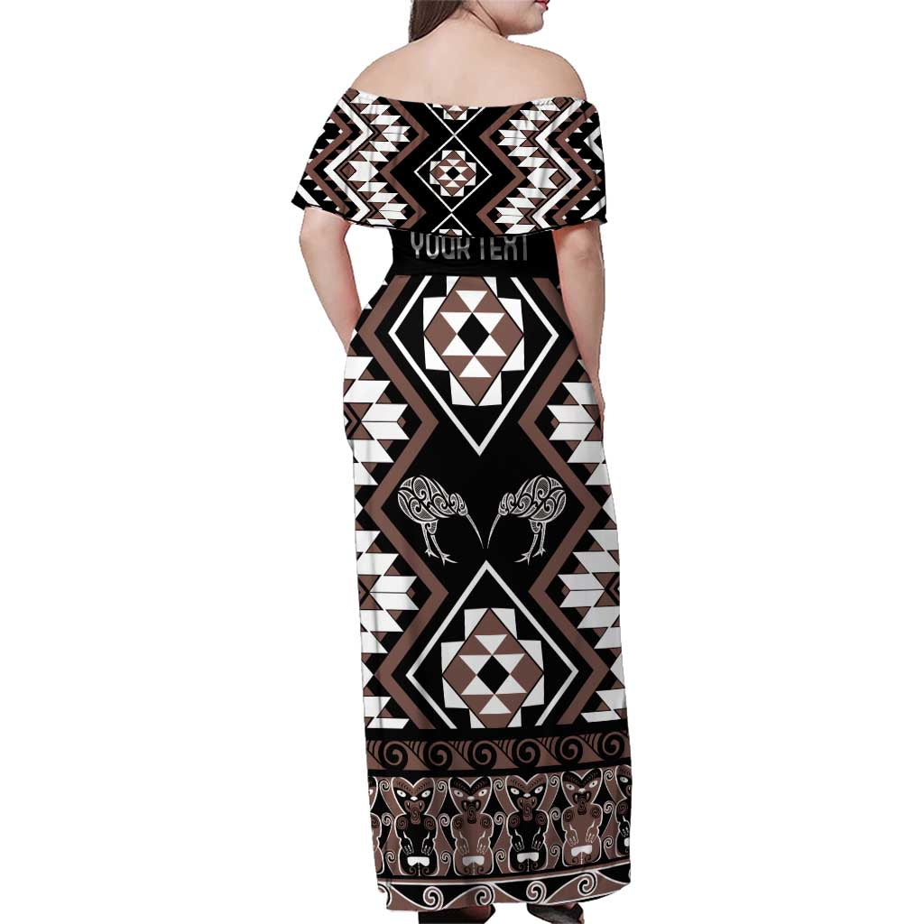 Personalised Taniko Motifs Aotearoa Family Matching Off Shoulder Maxi Dress and Hawaiian Shirt Waitangi Kowhaiwhai Kiwi - Mocha