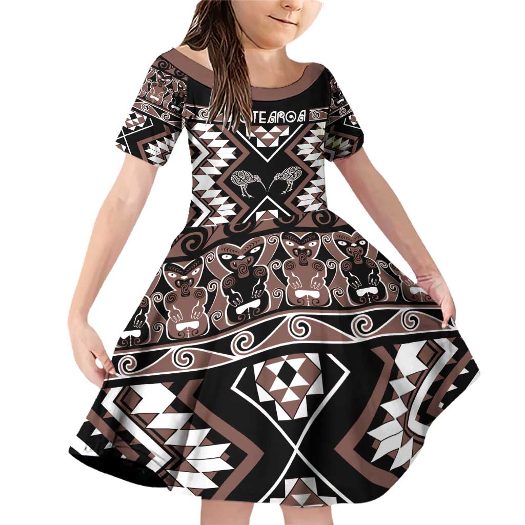 Personalised Taniko Motifs Aotearoa Family Matching Off Shoulder Short Dress and Hawaiian Shirt Waitangi Kowhaiwhai Kiwi - Mocha