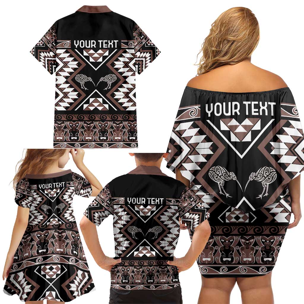 Personalised Taniko Motifs Aotearoa Family Matching Off Shoulder Short Dress and Hawaiian Shirt Waitangi Kowhaiwhai Kiwi - Mocha