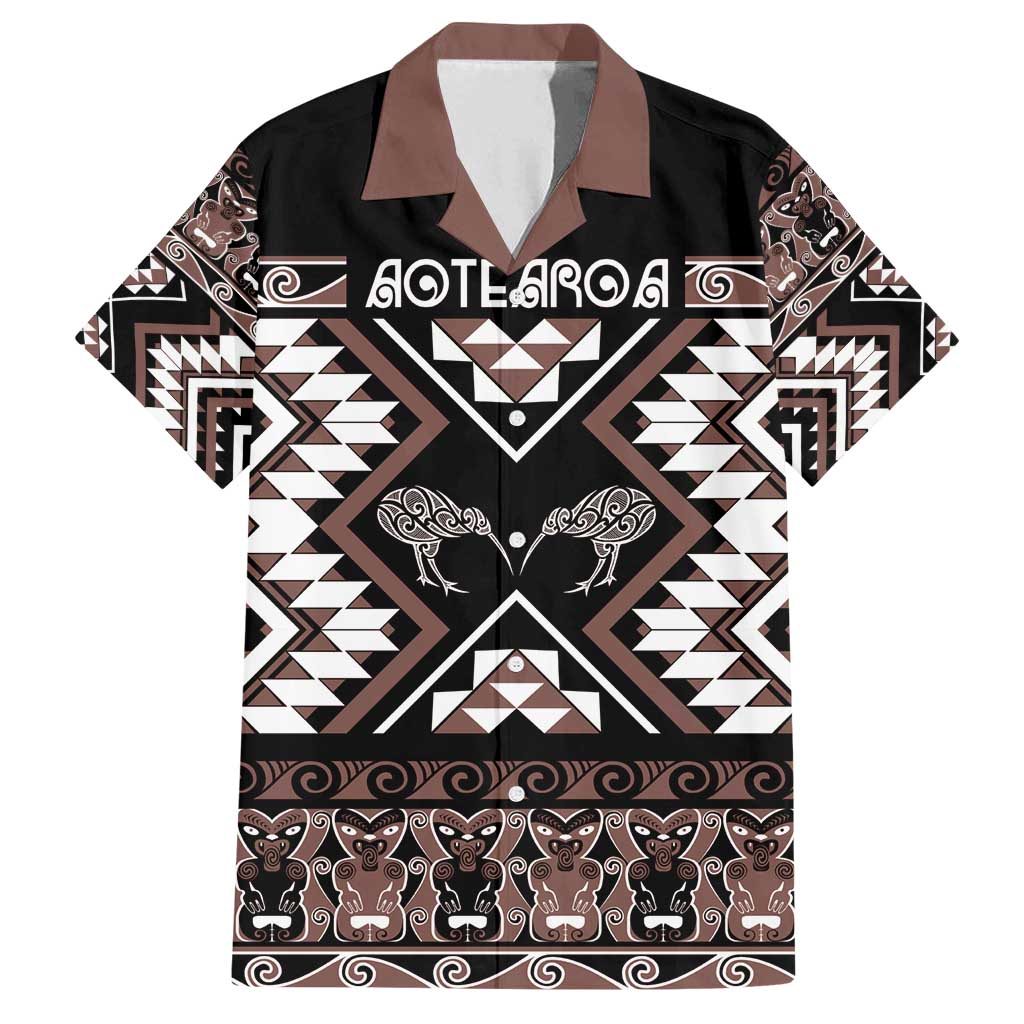 Personalised Taniko Motifs Aotearoa Family Matching Off Shoulder Short Dress and Hawaiian Shirt Waitangi Kowhaiwhai Kiwi - Mocha