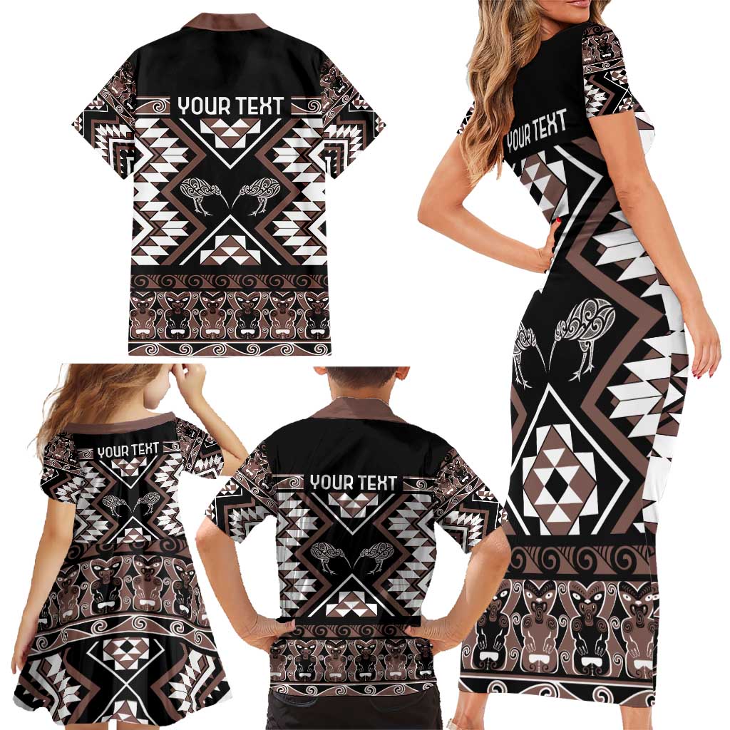 Personalised Taniko Motifs Aotearoa Family Matching Short Sleeve Bodycon Dress and Hawaiian Shirt Waitangi Kowhaiwhai Kiwi - Mocha