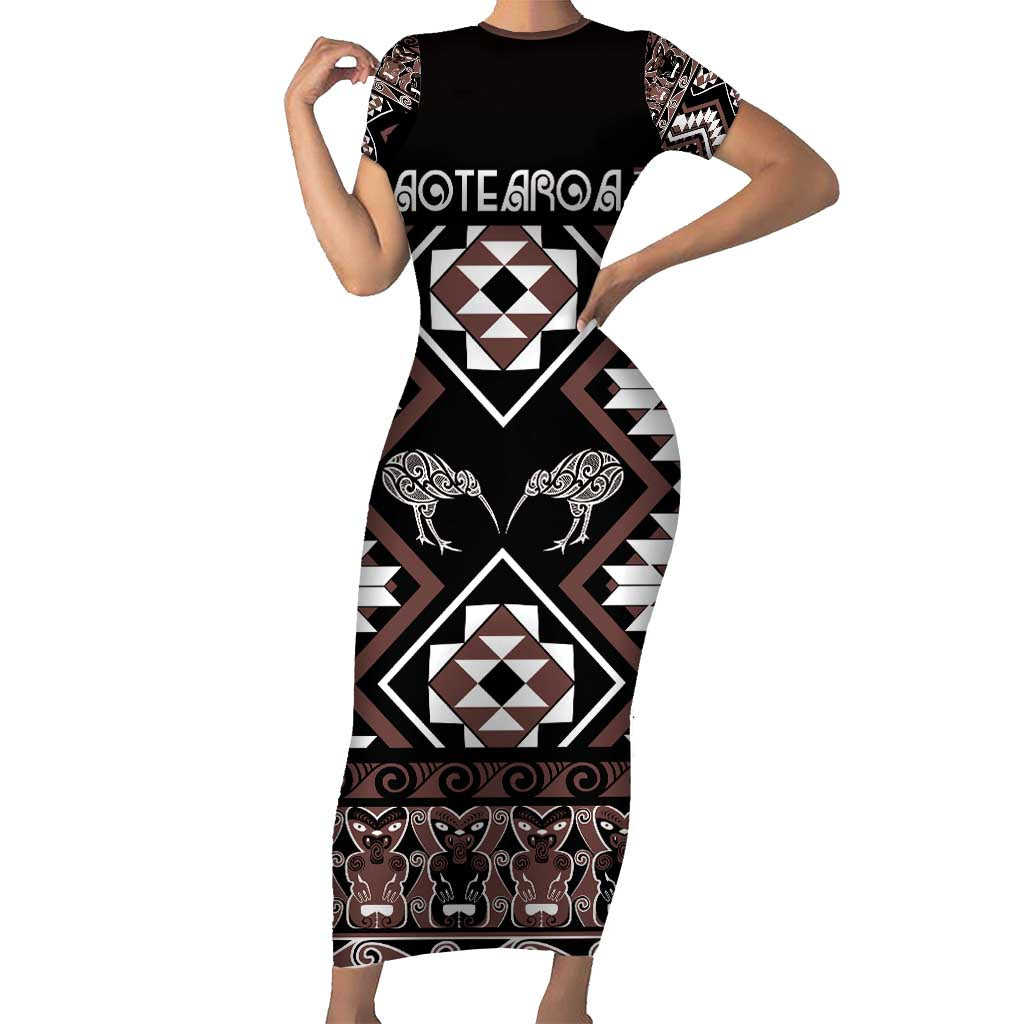 Personalised Taniko Motifs Aotearoa Family Matching Short Sleeve Bodycon Dress and Hawaiian Shirt Waitangi Kowhaiwhai Kiwi - Mocha