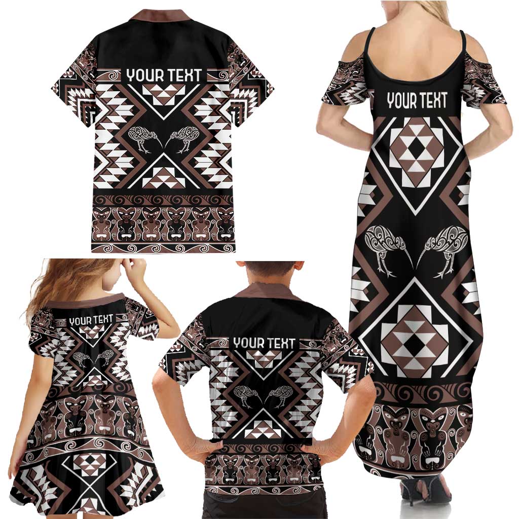 Personalised Taniko Motifs Aotearoa Family Matching Summer Maxi Dress and Hawaiian Shirt Waitangi Kowhaiwhai Kiwi - Mocha