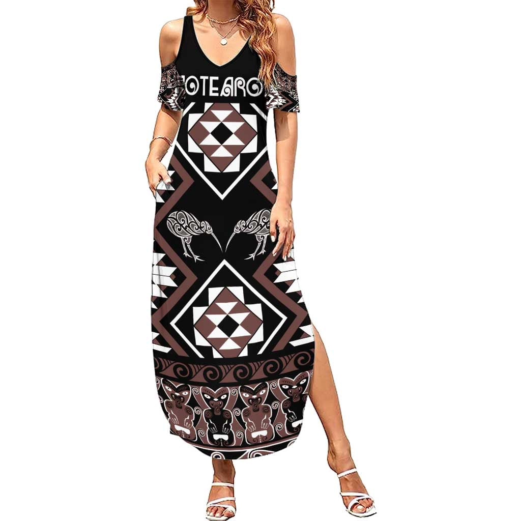 Personalised Taniko Motifs Aotearoa Family Matching Summer Maxi Dress and Hawaiian Shirt Waitangi Kowhaiwhai Kiwi - Mocha