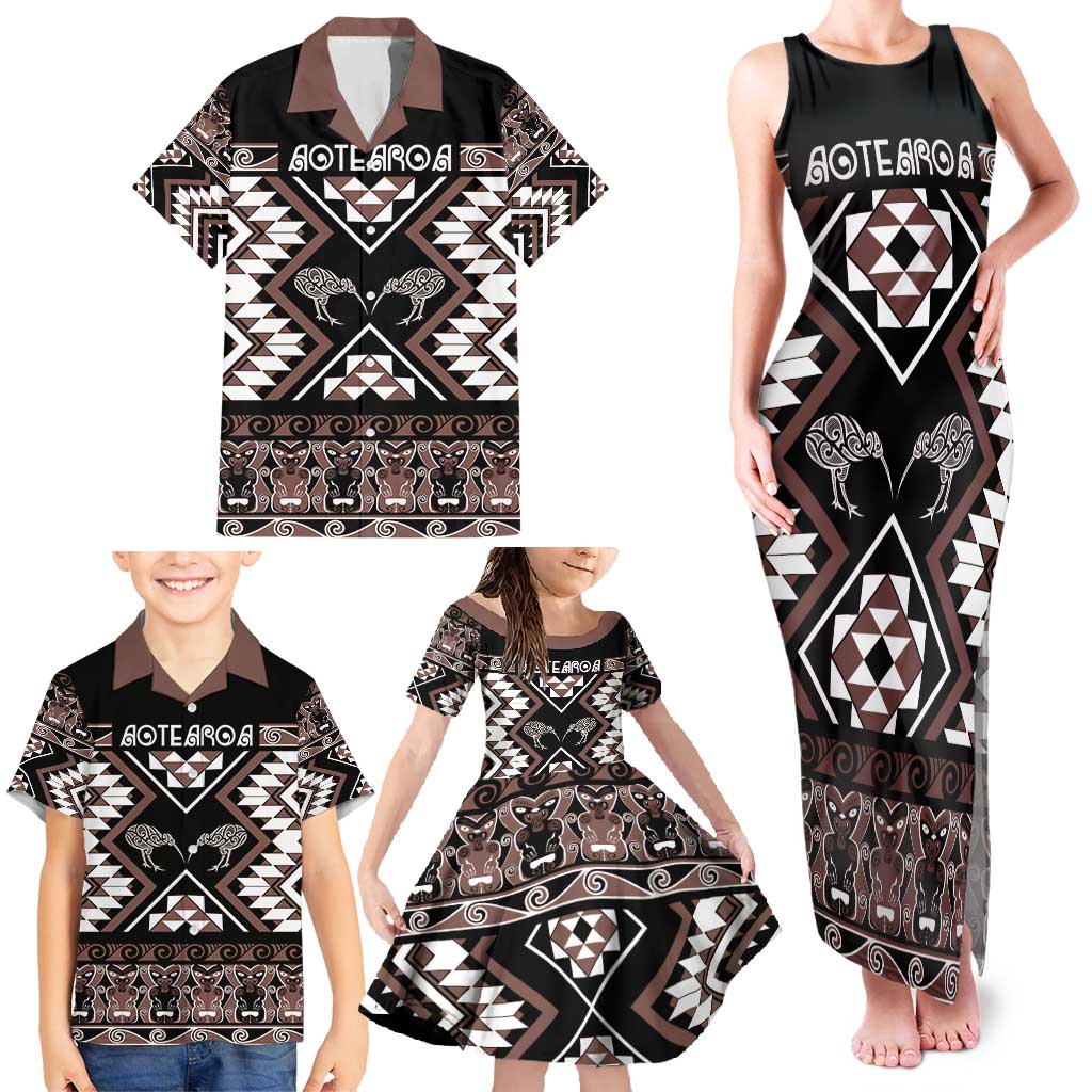 Personalised Taniko Motifs Aotearoa Family Matching Tank Maxi Dress and Hawaiian Shirt Waitangi Kowhaiwhai Kiwi - Mocha