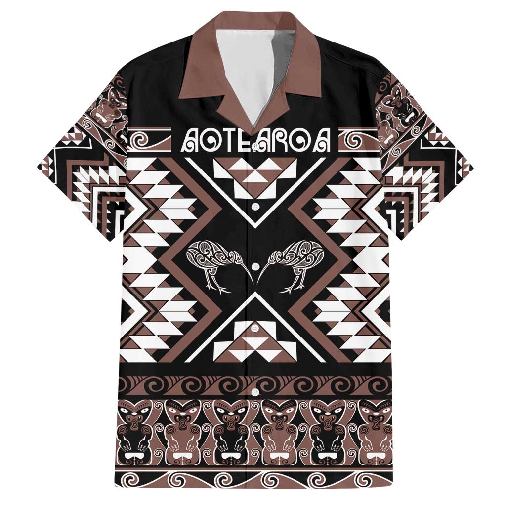 Personalised Taniko Motifs Aotearoa Hawaiian Shirt Waitangi Kowhaiwhai Kiwi - Mocha - Vibe Hoodie Shop