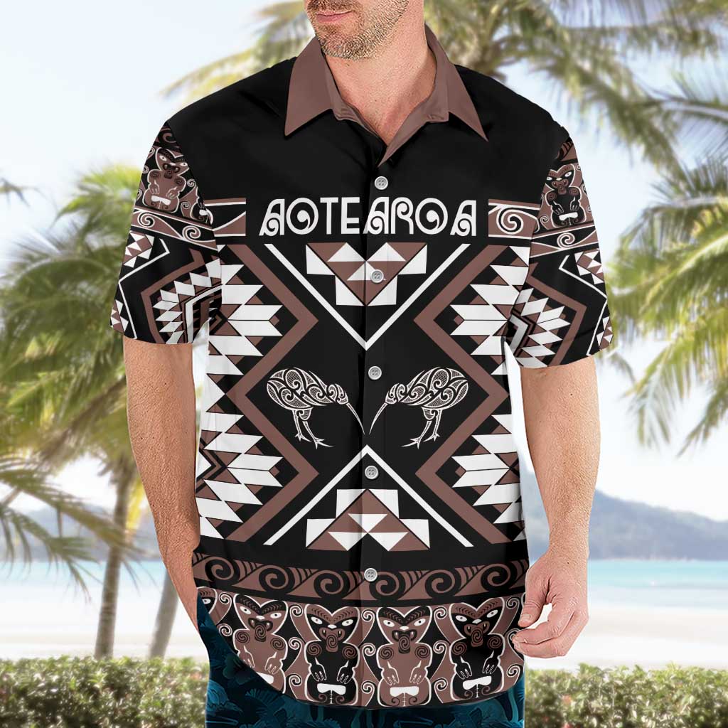 Personalised Taniko Motifs Aotearoa Hawaiian Shirt Waitangi Kowhaiwhai Kiwi - Mocha - Vibe Hoodie Shop