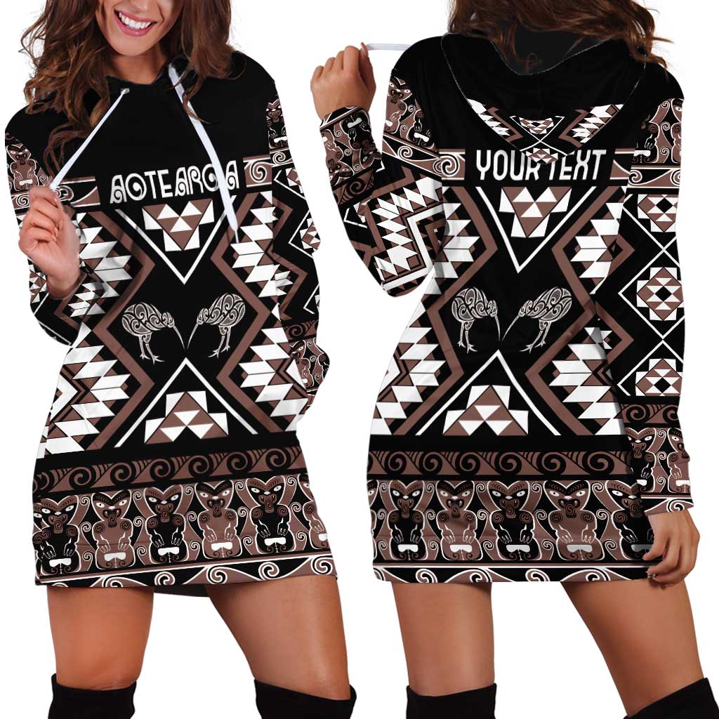 Personalised Taniko Motifs Aotearoa Hoodie Dress Waitangi Kowhaiwhai Kiwi - Mocha - Vibe Hoodie Shop