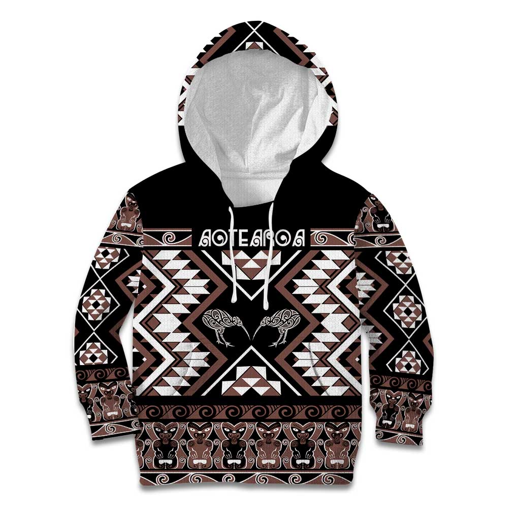 Personalised Taniko Motifs Aotearoa Kid Hoodie Waitangi Kowhaiwhai Kiwi - Mocha - Vibe Hoodie Shop