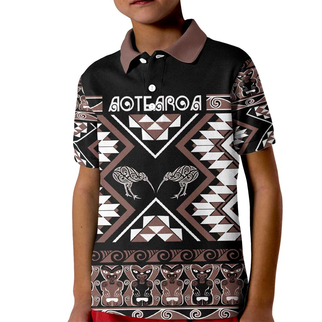 Personalised Taniko Motifs Aotearoa Kid Polo Shirt Waitangi Kowhaiwhai Kiwi - Mocha - Vibe Hoodie Shop