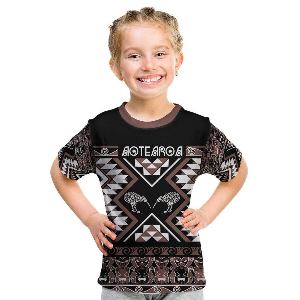 Personalised Taniko Motifs Aotearoa Kid T Shirt Waitangi Kowhaiwhai Kiwi - Mocha - Vibe Hoodie Shop