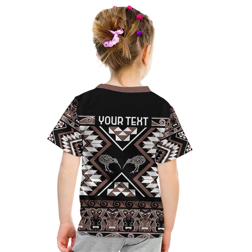 Personalised Taniko Motifs Aotearoa Kid T Shirt Waitangi Kowhaiwhai Kiwi - Mocha - Vibe Hoodie Shop