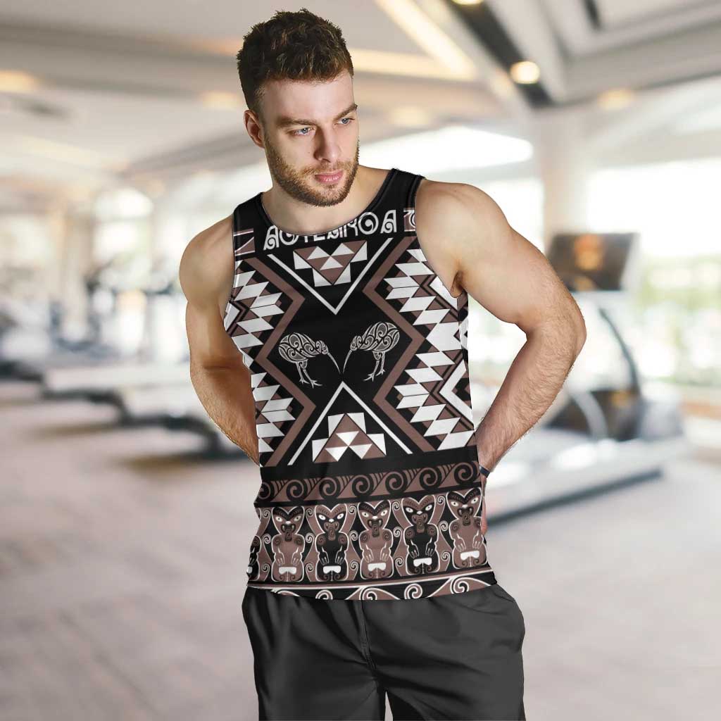 Personalised Taniko Motifs Aotearoa Men Tank Top Waitangi Kowhaiwhai Kiwi - Mocha - Vibe Hoodie Shop