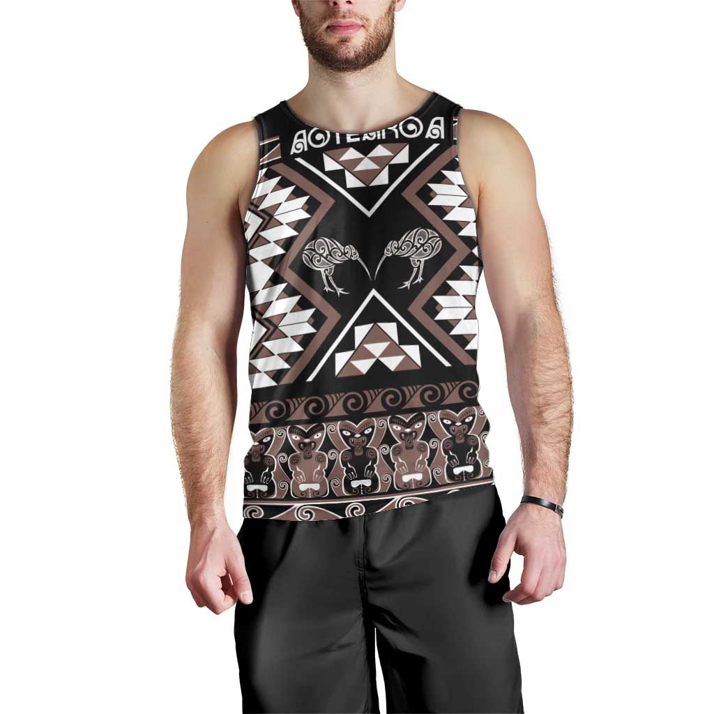 Personalised Taniko Motifs Aotearoa Men Tank Top Waitangi Kowhaiwhai Kiwi - Mocha - Vibe Hoodie Shop