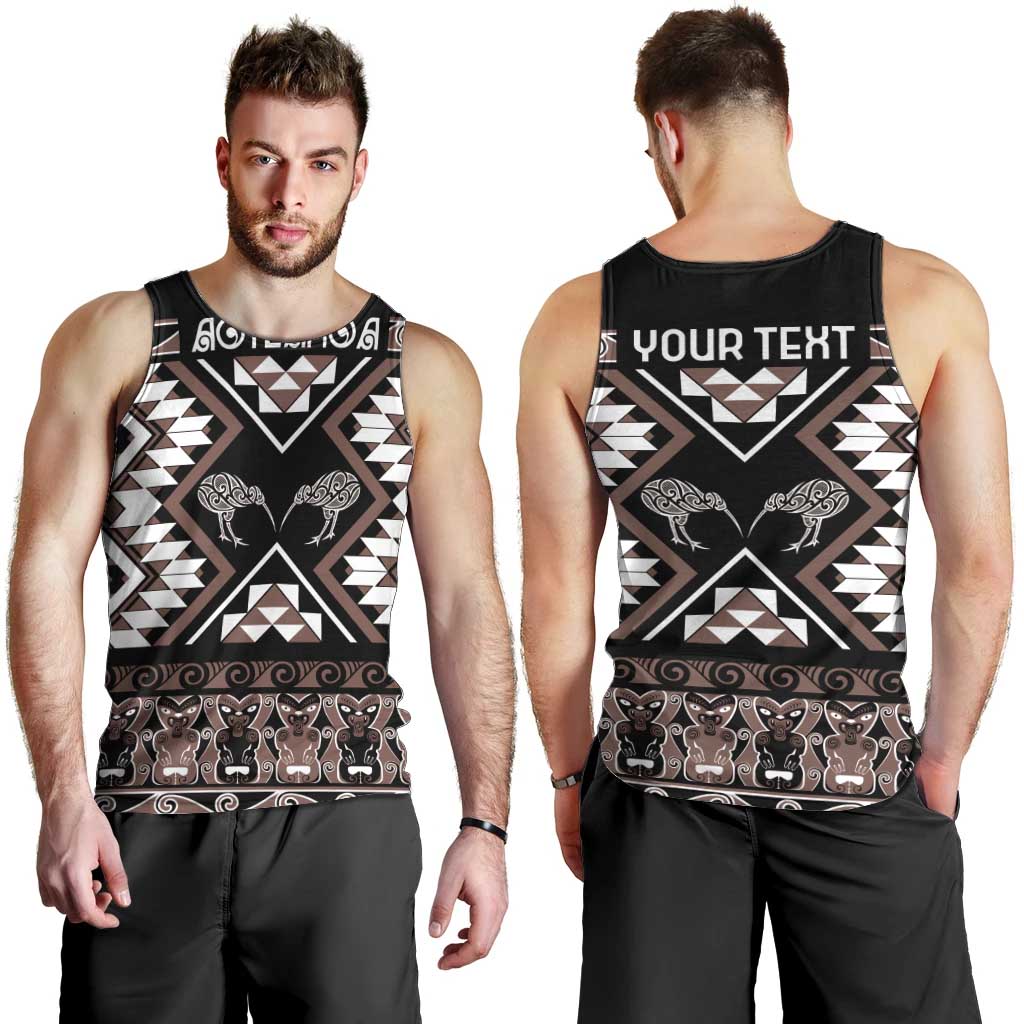 Personalised Taniko Motifs Aotearoa Men Tank Top Waitangi Kowhaiwhai Kiwi - Mocha - Vibe Hoodie Shop