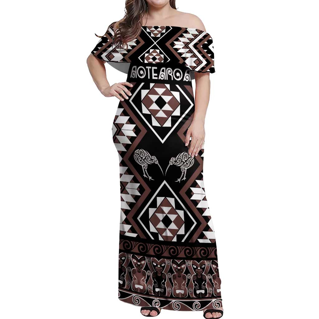 Personalised Taniko Motifs Aotearoa Off Shoulder Maxi Dress Waitangi Kowhaiwhai Kiwi - Mocha