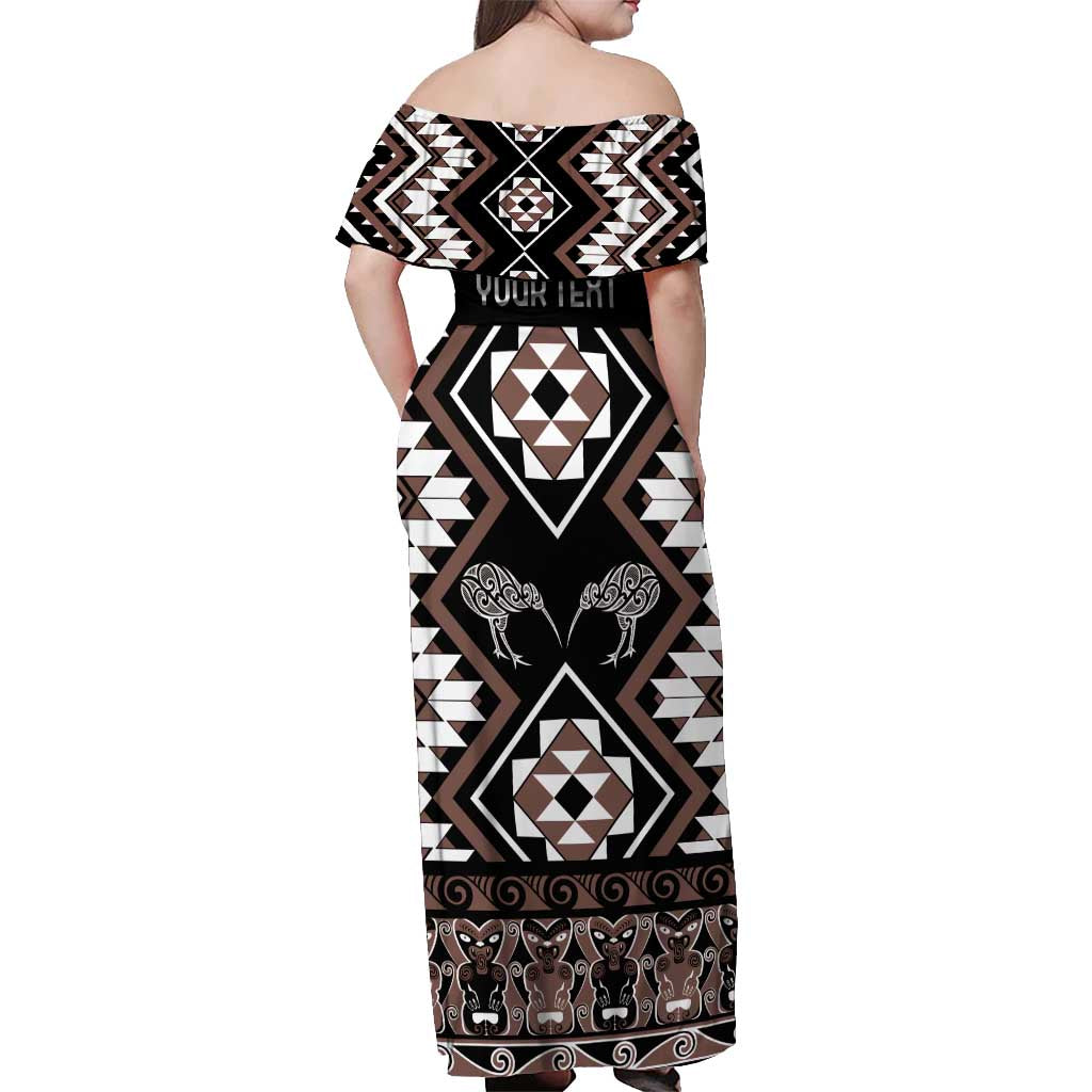 Personalised Taniko Motifs Aotearoa Off Shoulder Maxi Dress Waitangi Kowhaiwhai Kiwi - Mocha