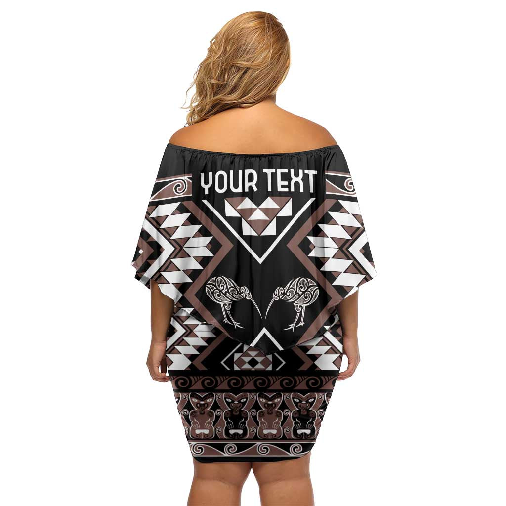 Personalised Taniko Motifs Aotearoa Off Shoulder Short Dress Waitangi Kowhaiwhai Kiwi - Mocha