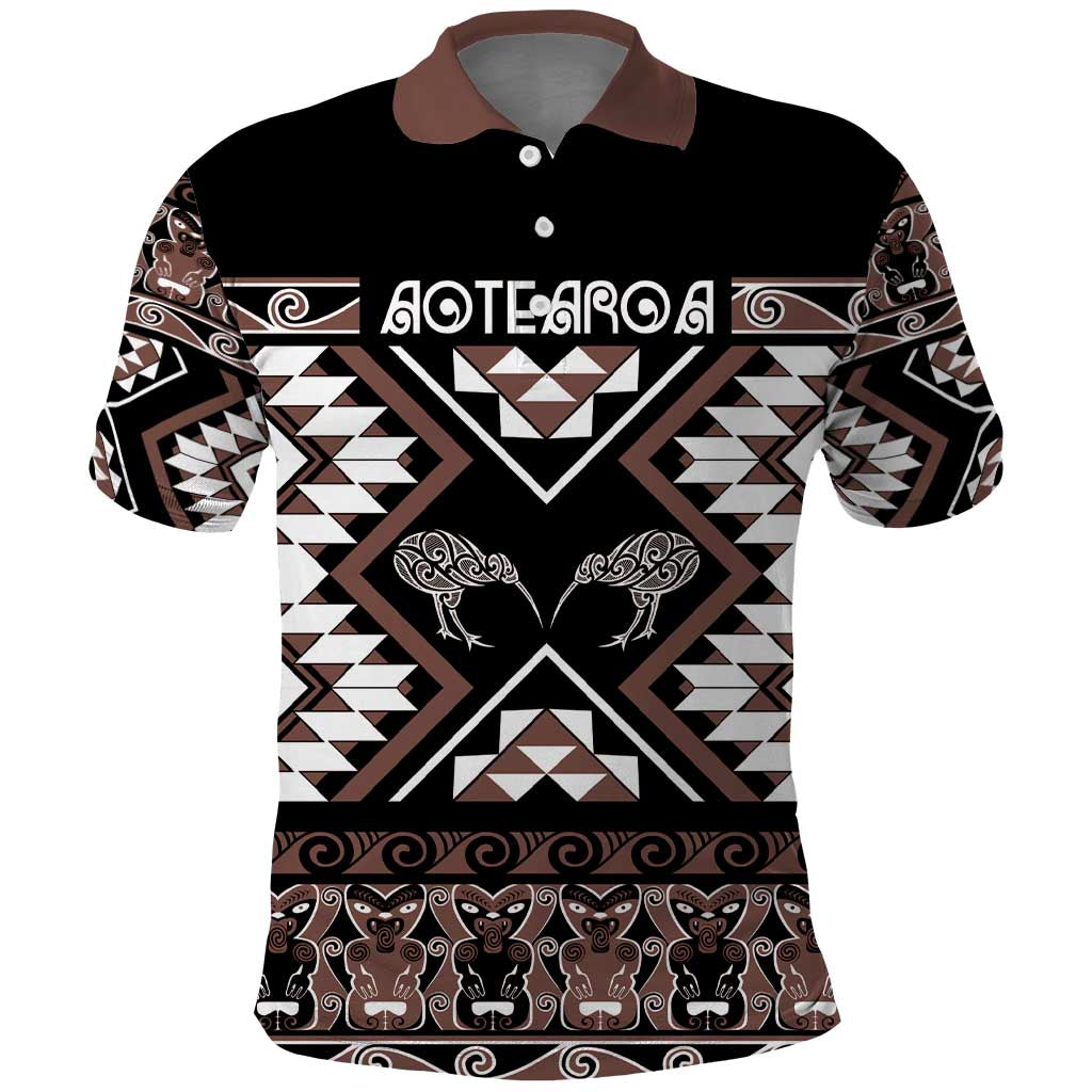 Personalised Taniko Motifs Aotearoa Polo Shirt Waitangi Kowhaiwhai Kiwi - Mocha - Vibe Hoodie Shop