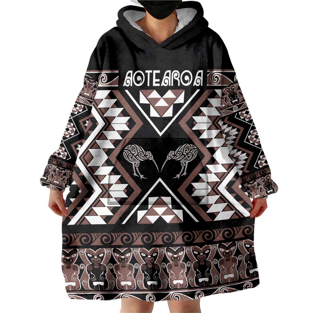 Personalised Taniko Motifs Aotearoa Wearable Blanket Hoodie Waitangi Kowhaiwhai Kiwi - Mocha - Vibe Hoodie Shop