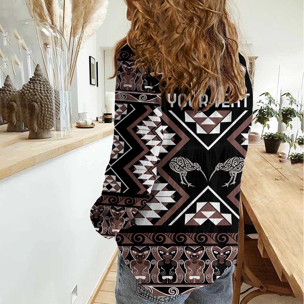 Personalised Taniko Motifs Aotearoa Women Casual Shirt Waitangi Kowhaiwhai Kiwi - Mocha - Vibe Hoodie Shop