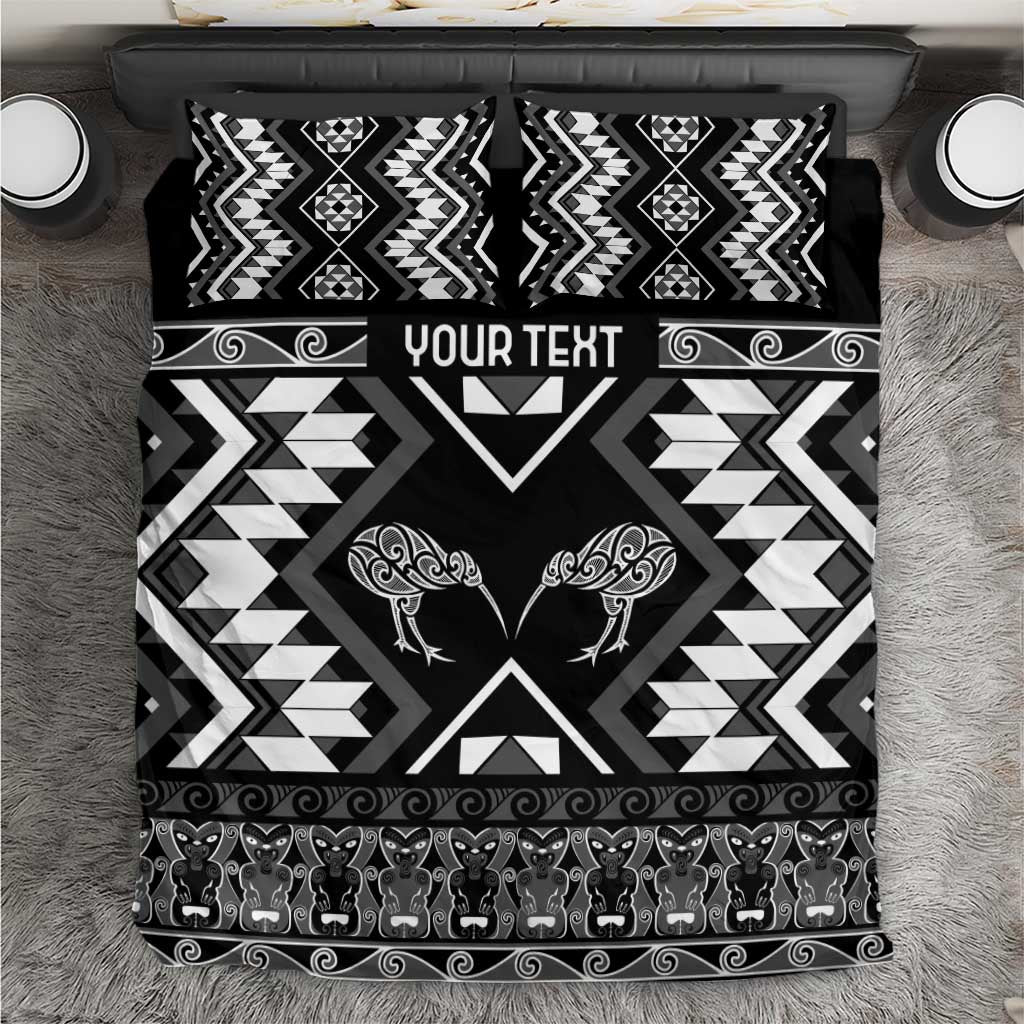 Personalised Taniko Motifs Aotearoa Bedding Set Waitangi Kowhaiwhai Kiwi - Monochrome - Vibe Hoodie Shop