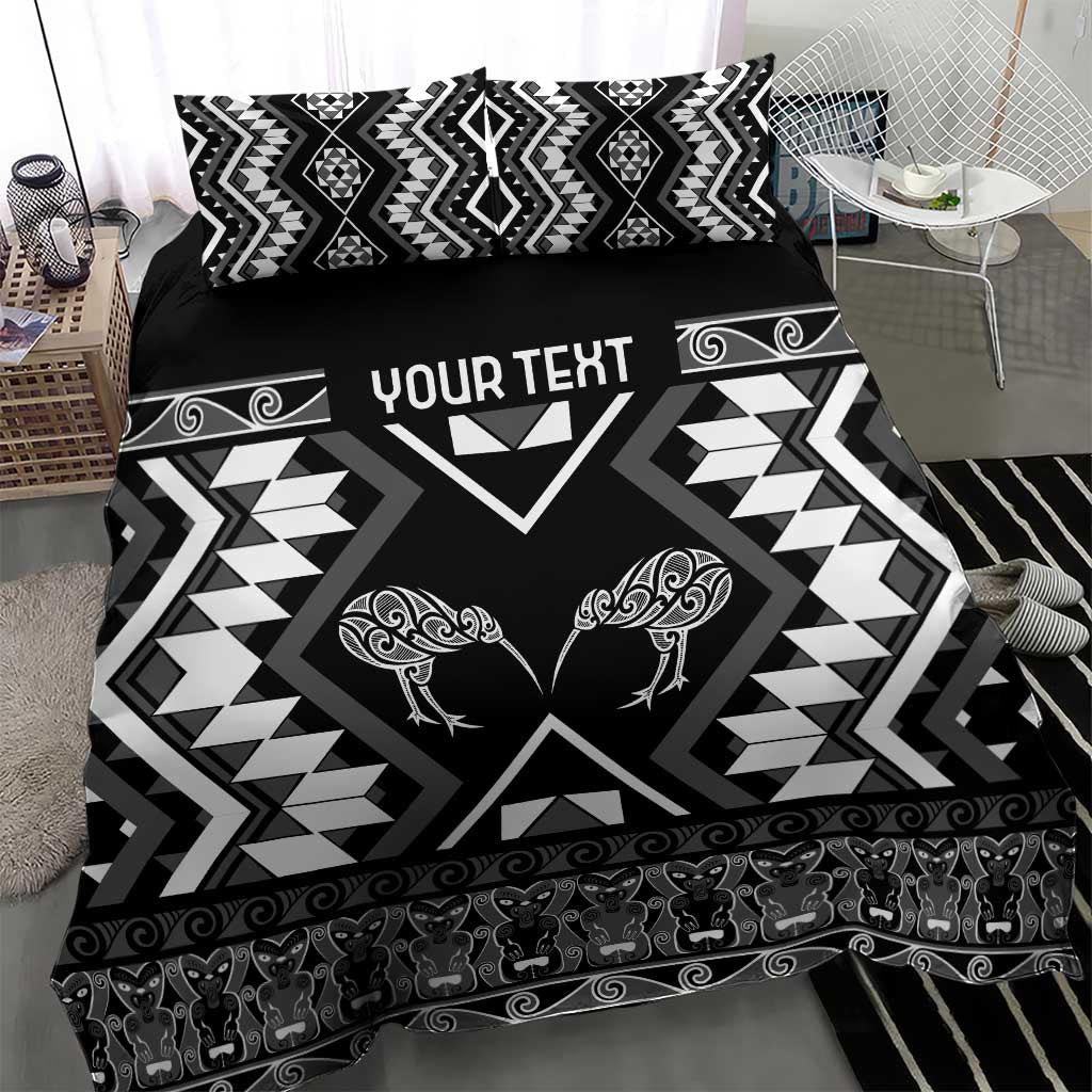 Personalised Taniko Motifs Aotearoa Bedding Set Waitangi Kowhaiwhai Kiwi - Monochrome - Vibe Hoodie Shop