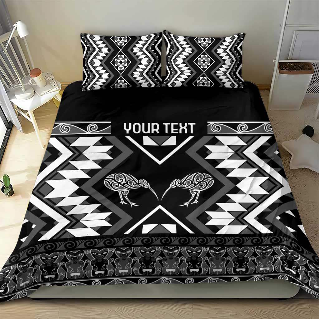 Personalised Taniko Motifs Aotearoa Bedding Set Waitangi Kowhaiwhai Kiwi - Monochrome - Vibe Hoodie Shop