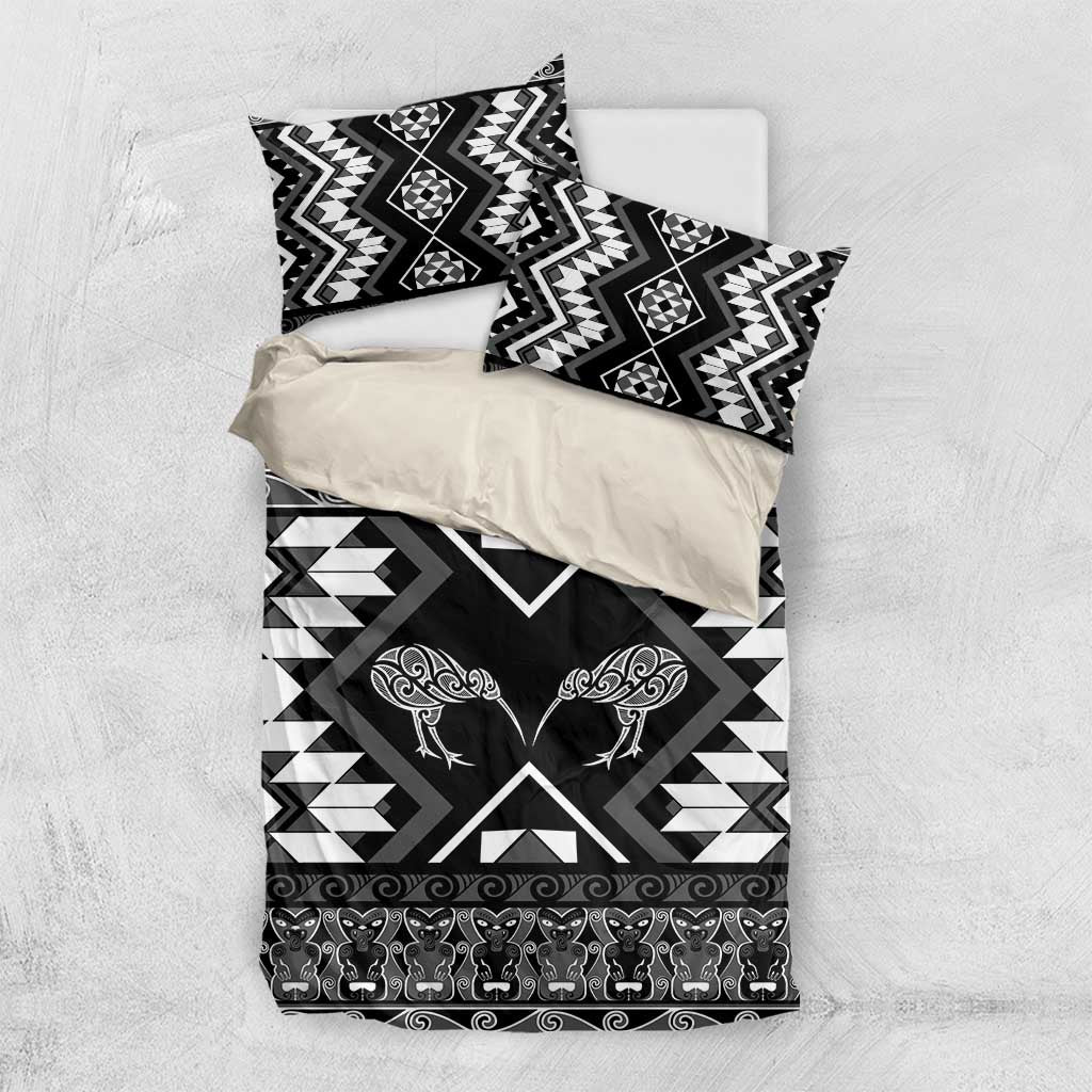 Personalised Taniko Motifs Aotearoa Bedding Set Waitangi Kowhaiwhai Kiwi - Monochrome - Vibe Hoodie Shop