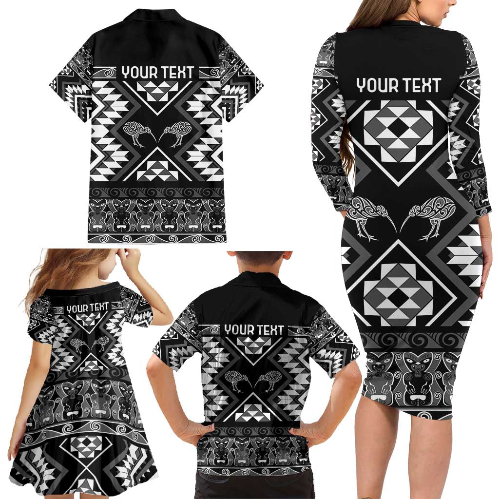 Personalised Taniko Motifs Aotearoa Family Matching Long Sleeve Bodycon Dress and Hawaiian Shirt Waitangi Kowhaiwhai Kiwi - Monochrome