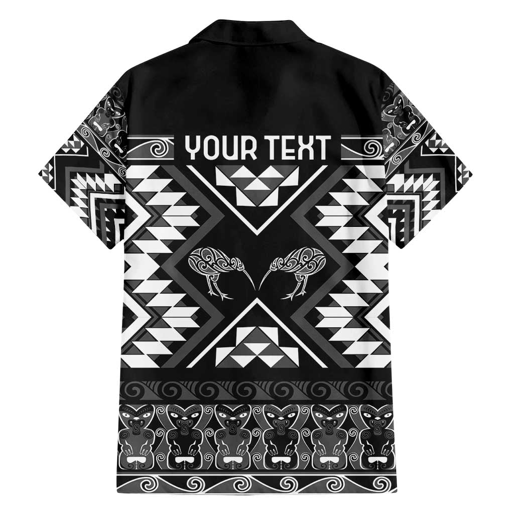 Personalised Taniko Motifs Aotearoa Family Matching Long Sleeve Bodycon Dress and Hawaiian Shirt Waitangi Kowhaiwhai Kiwi - Monochrome