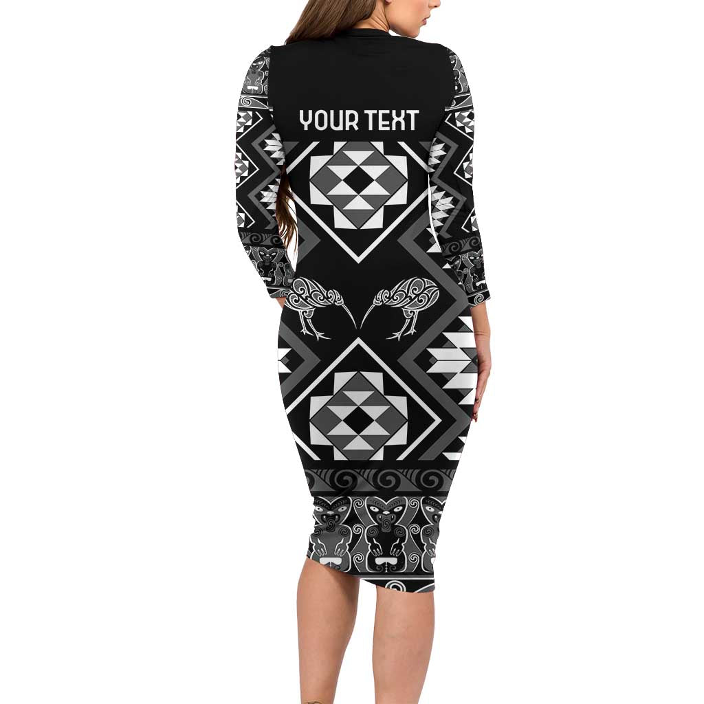 Personalised Taniko Motifs Aotearoa Family Matching Long Sleeve Bodycon Dress and Hawaiian Shirt Waitangi Kowhaiwhai Kiwi - Monochrome