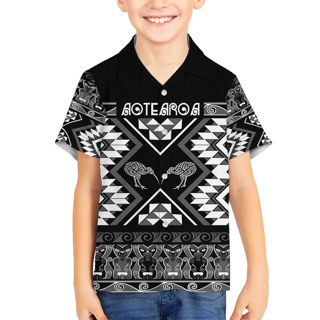 Personalised Taniko Motifs Aotearoa Family Matching Long Sleeve Bodycon Dress and Hawaiian Shirt Waitangi Kowhaiwhai Kiwi - Monochrome