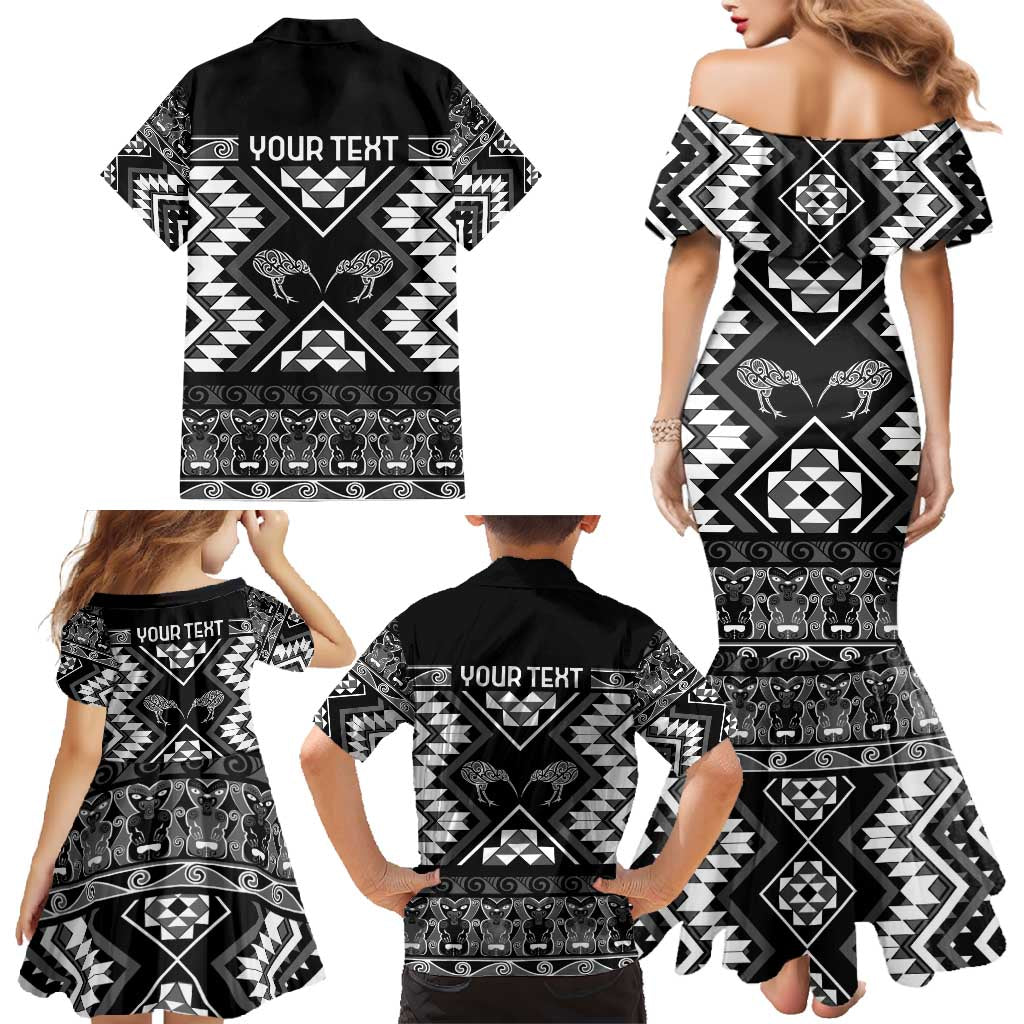 Personalised Taniko Motifs Aotearoa Family Matching Mermaid Dress and Hawaiian Shirt Waitangi Kowhaiwhai Kiwi - Monochrome