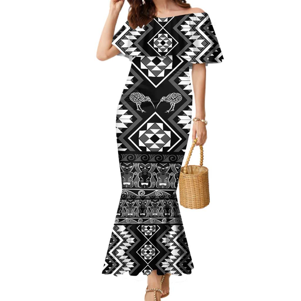 Personalised Taniko Motifs Aotearoa Family Matching Mermaid Dress and Hawaiian Shirt Waitangi Kowhaiwhai Kiwi - Monochrome