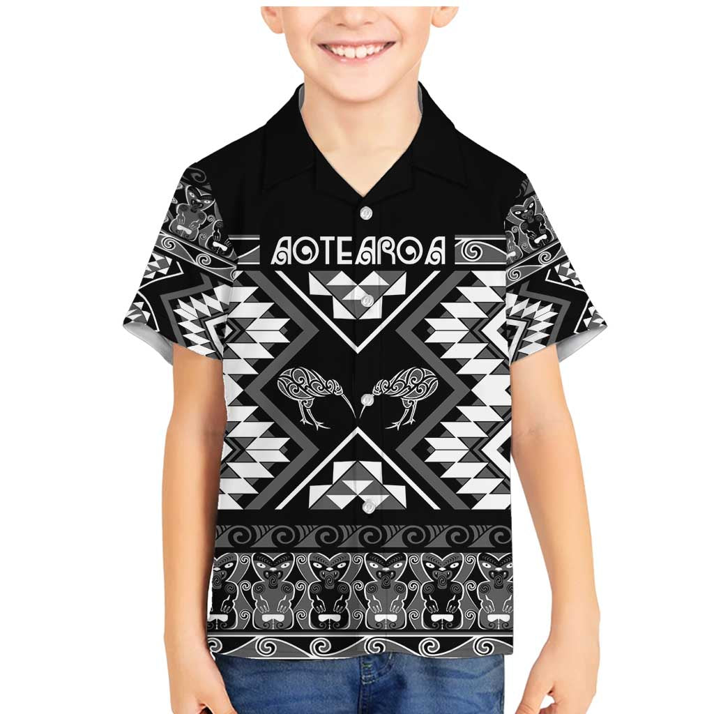 Personalised Taniko Motifs Aotearoa Family Matching Mermaid Dress and Hawaiian Shirt Waitangi Kowhaiwhai Kiwi - Monochrome