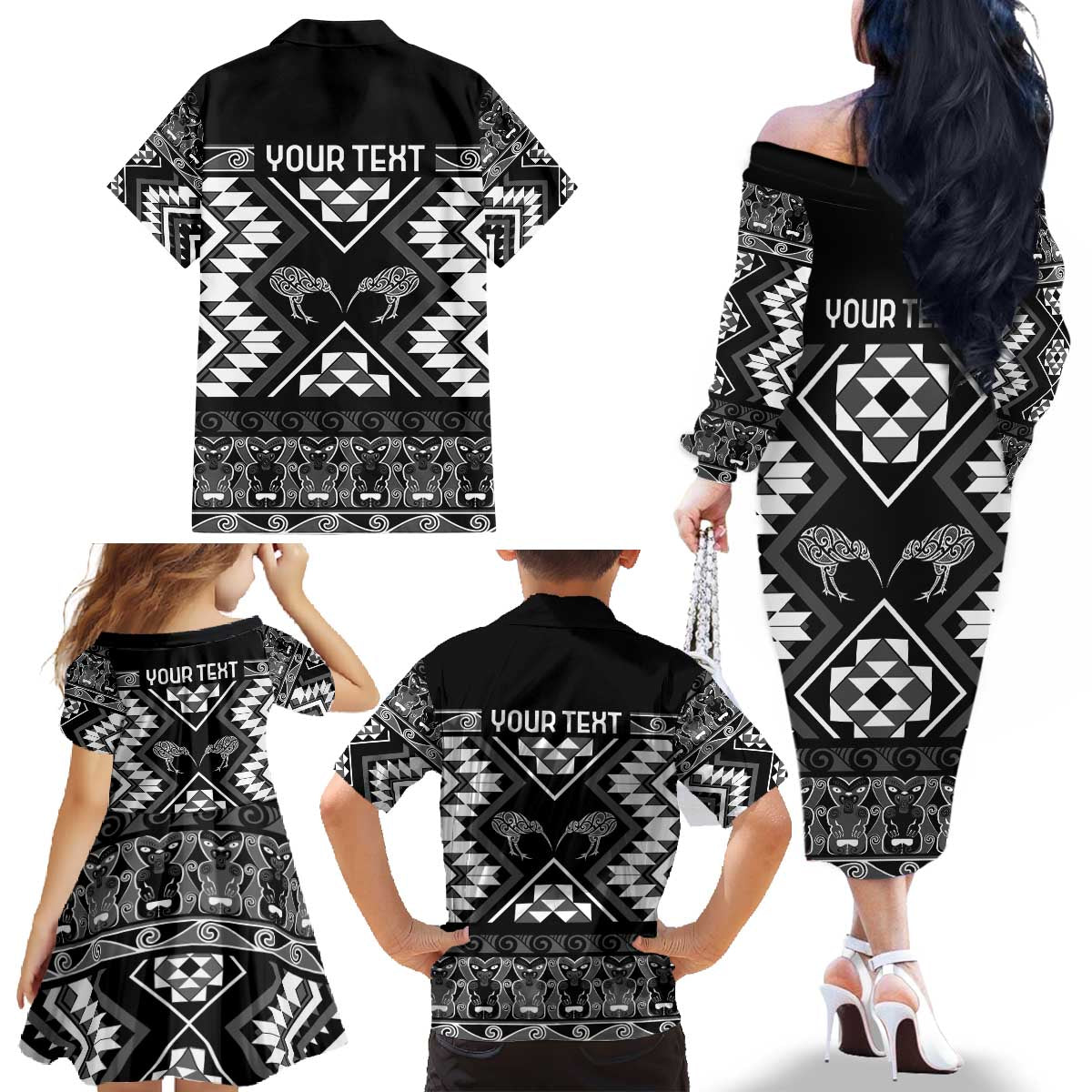 Personalised Taniko Motifs Aotearoa Family Matching Off The Shoulder Long Sleeve Dress and Hawaiian Shirt Waitangi Kowhaiwhai Kiwi - Monochrome