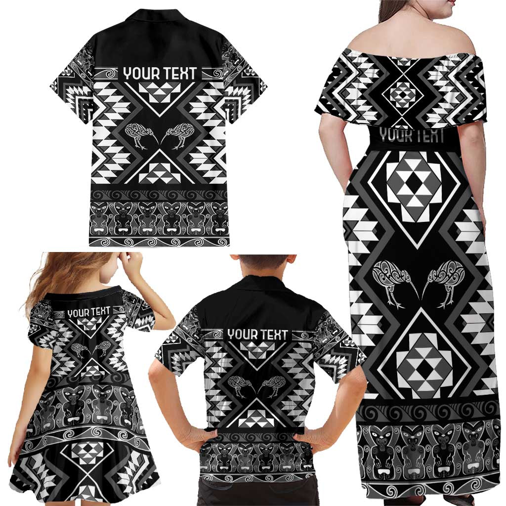 Personalised Taniko Motifs Aotearoa Family Matching Off Shoulder Maxi Dress and Hawaiian Shirt Waitangi Kowhaiwhai Kiwi - Monochrome