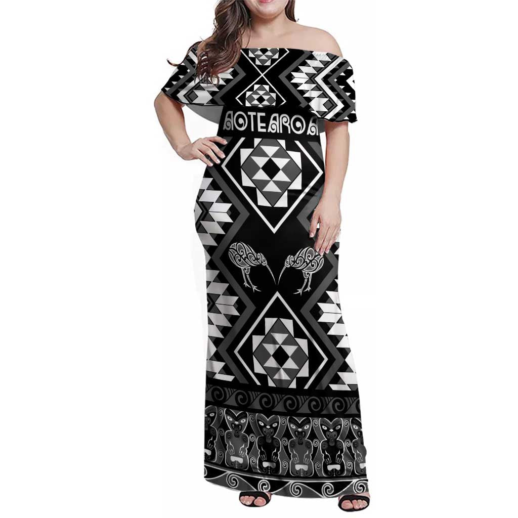 Personalised Taniko Motifs Aotearoa Family Matching Off Shoulder Maxi Dress and Hawaiian Shirt Waitangi Kowhaiwhai Kiwi - Monochrome