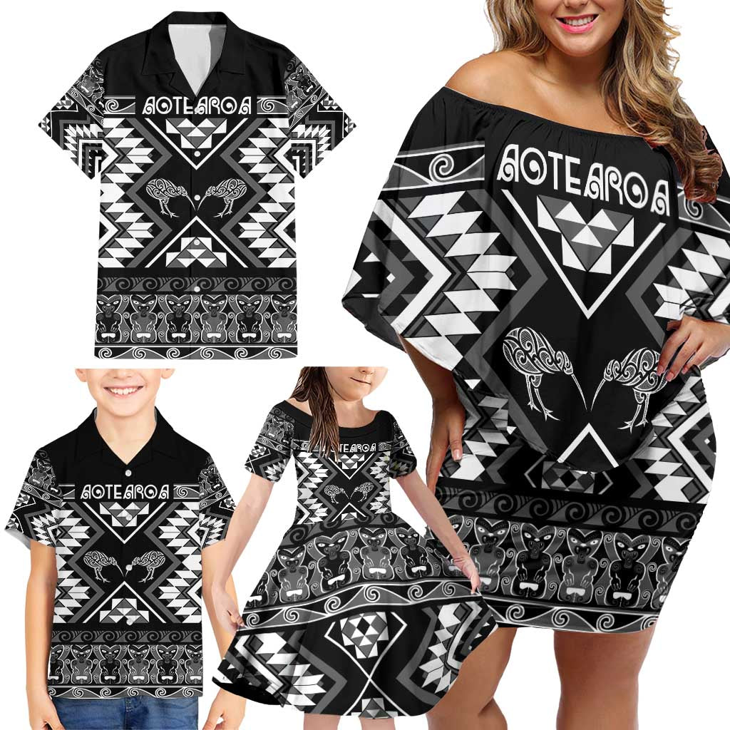 Personalised Taniko Motifs Aotearoa Family Matching Off Shoulder Short Dress and Hawaiian Shirt Waitangi Kowhaiwhai Kiwi - Monochrome