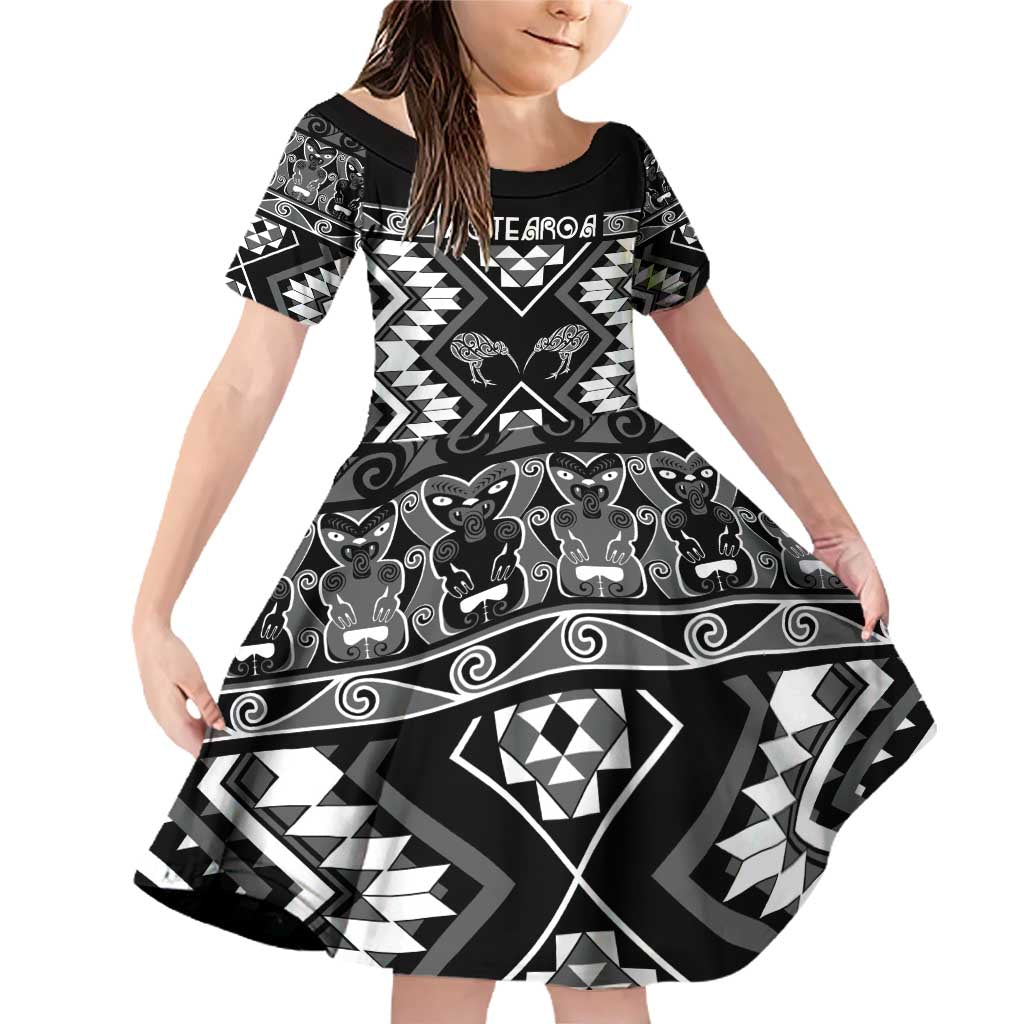 Personalised Taniko Motifs Aotearoa Family Matching Off Shoulder Short Dress and Hawaiian Shirt Waitangi Kowhaiwhai Kiwi - Monochrome