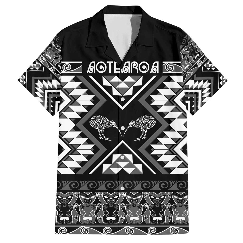 Personalised Taniko Motifs Aotearoa Family Matching Off Shoulder Short Dress and Hawaiian Shirt Waitangi Kowhaiwhai Kiwi - Monochrome