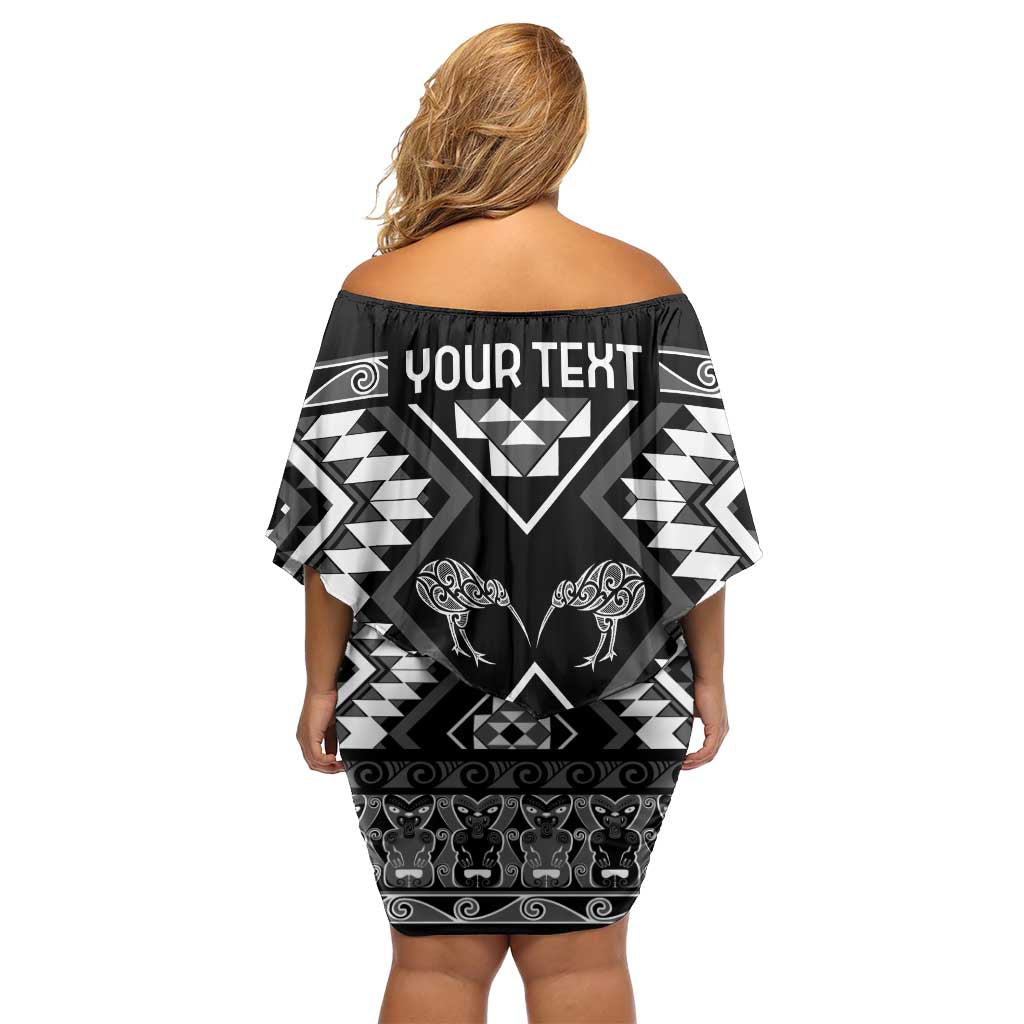 Personalised Taniko Motifs Aotearoa Family Matching Off Shoulder Short Dress and Hawaiian Shirt Waitangi Kowhaiwhai Kiwi - Monochrome