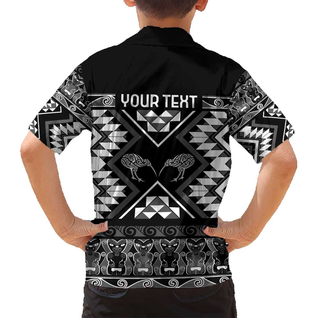 Personalised Taniko Motifs Aotearoa Family Matching Puletasi and Hawaiian Shirt Waitangi Kowhaiwhai Kiwi - Monochrome