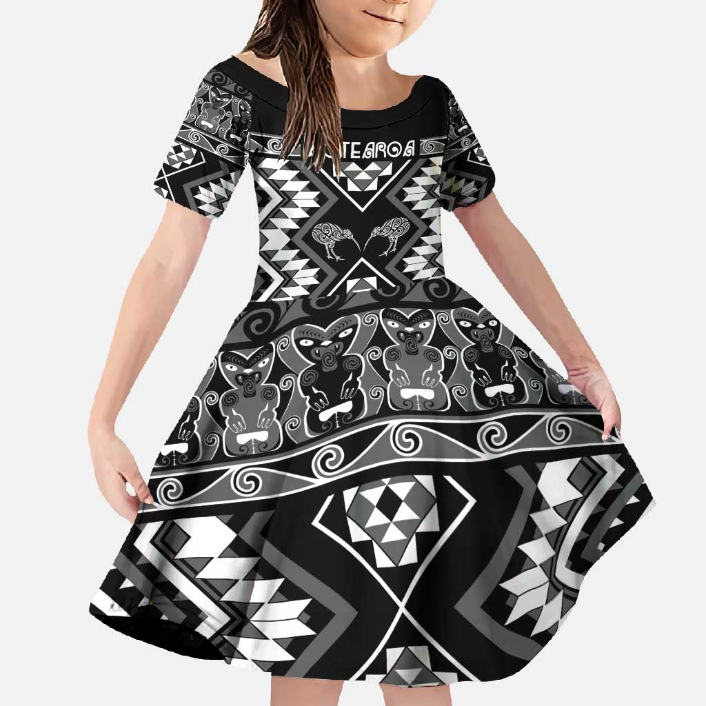 Personalised Taniko Motifs Aotearoa Family Matching Short Sleeve Bodycon Dress and Hawaiian Shirt Waitangi Kowhaiwhai Kiwi - Monochrome