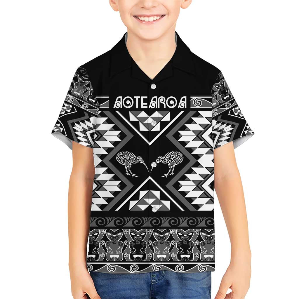 Personalised Taniko Motifs Aotearoa Family Matching Short Sleeve Bodycon Dress and Hawaiian Shirt Waitangi Kowhaiwhai Kiwi - Monochrome