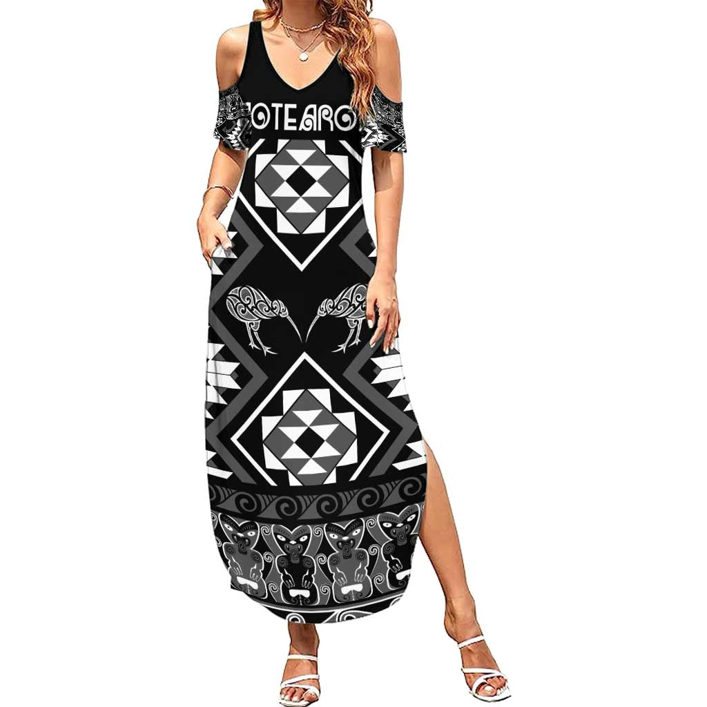 Personalised Taniko Motifs Aotearoa Family Matching Summer Maxi Dress and Hawaiian Shirt Waitangi Kowhaiwhai Kiwi - Monochrome