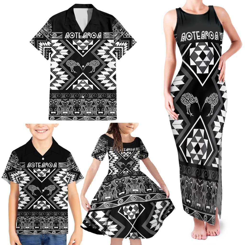 Personalised Taniko Motifs Aotearoa Family Matching Tank Maxi Dress and Hawaiian Shirt Waitangi Kowhaiwhai Kiwi - Monochrome